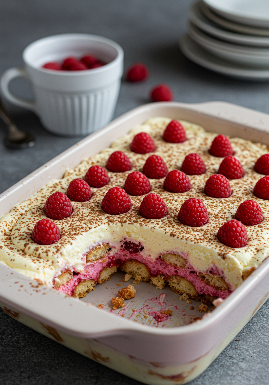 Tiramisu au chocolat blanc et framboises