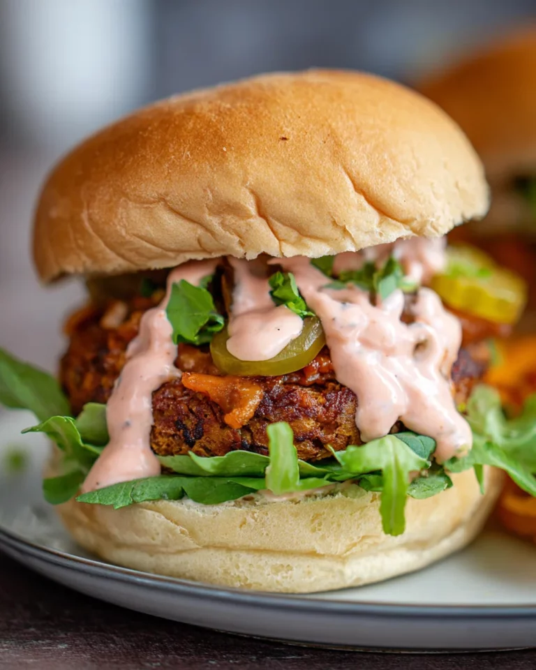 Burgers, oignons caramélisés et sauce rose aux cornichons