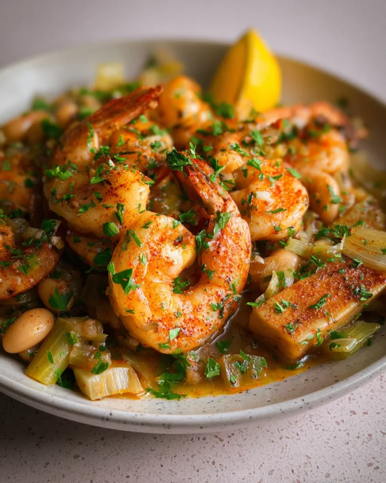 Crevettes aux poireaux et haricots blancs