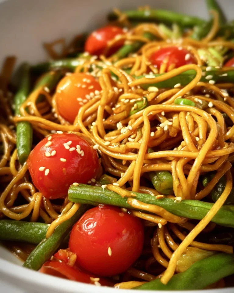 Nouilles sautées aux haricots verts et tomates