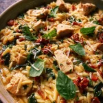 Orzo crémeux au poulet, tomates séchées et parmesan
