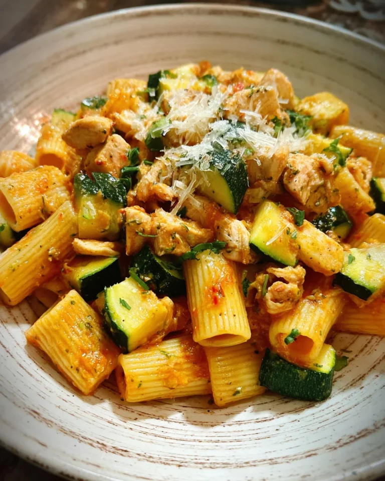 Pâtes au poulet, courgettes et pesto