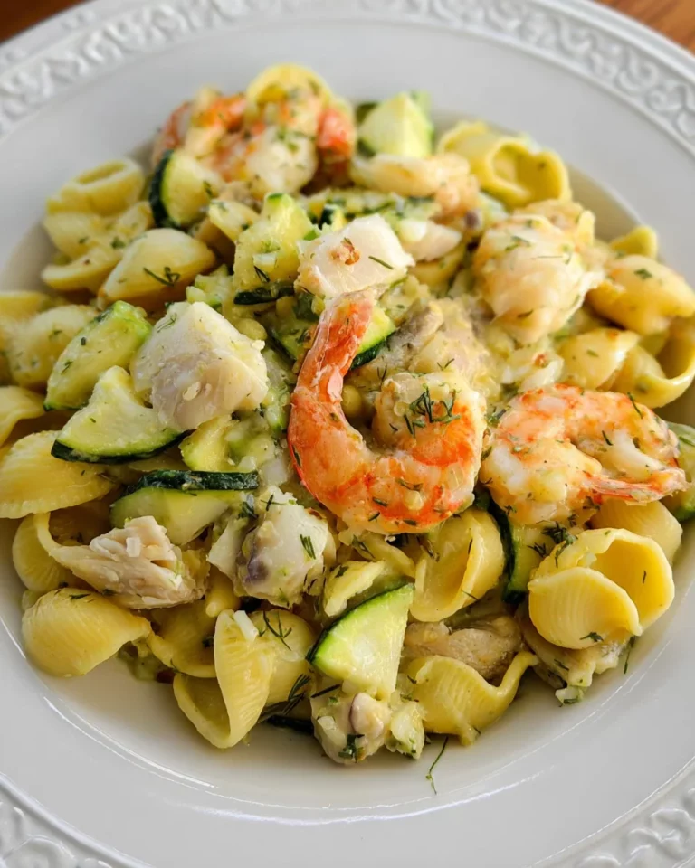 Pâtes aux crevettes, lieu noir et courgette