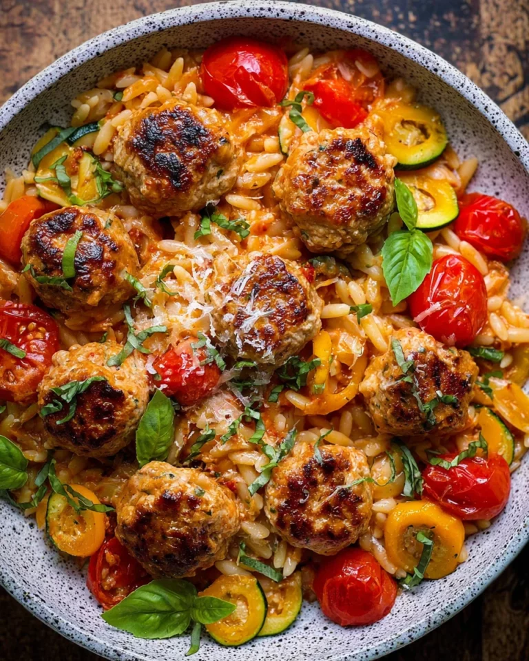 Pâtes façon risotto et boulettes de poulet à la tomate