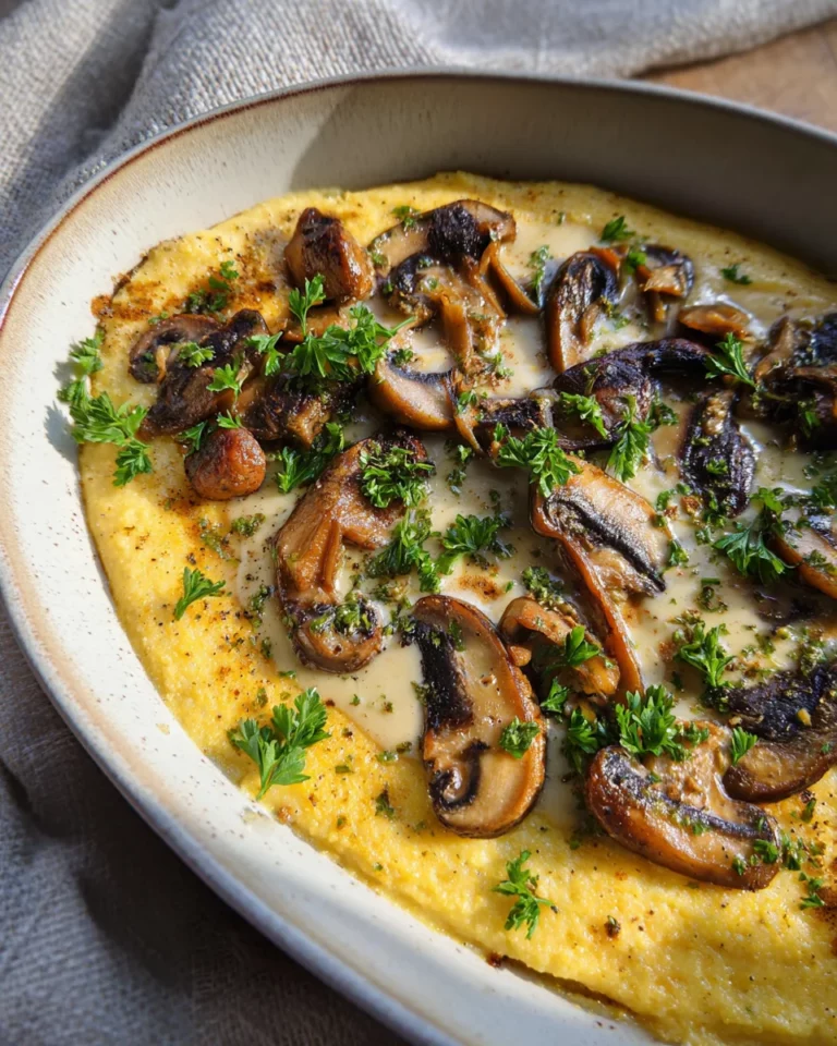 Polenta aux champignons, fromage fondant de cajou