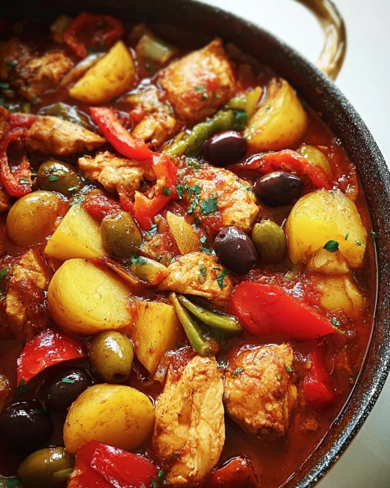 Poulet aux poivrons, pommes de terre et olives en sauce tomate