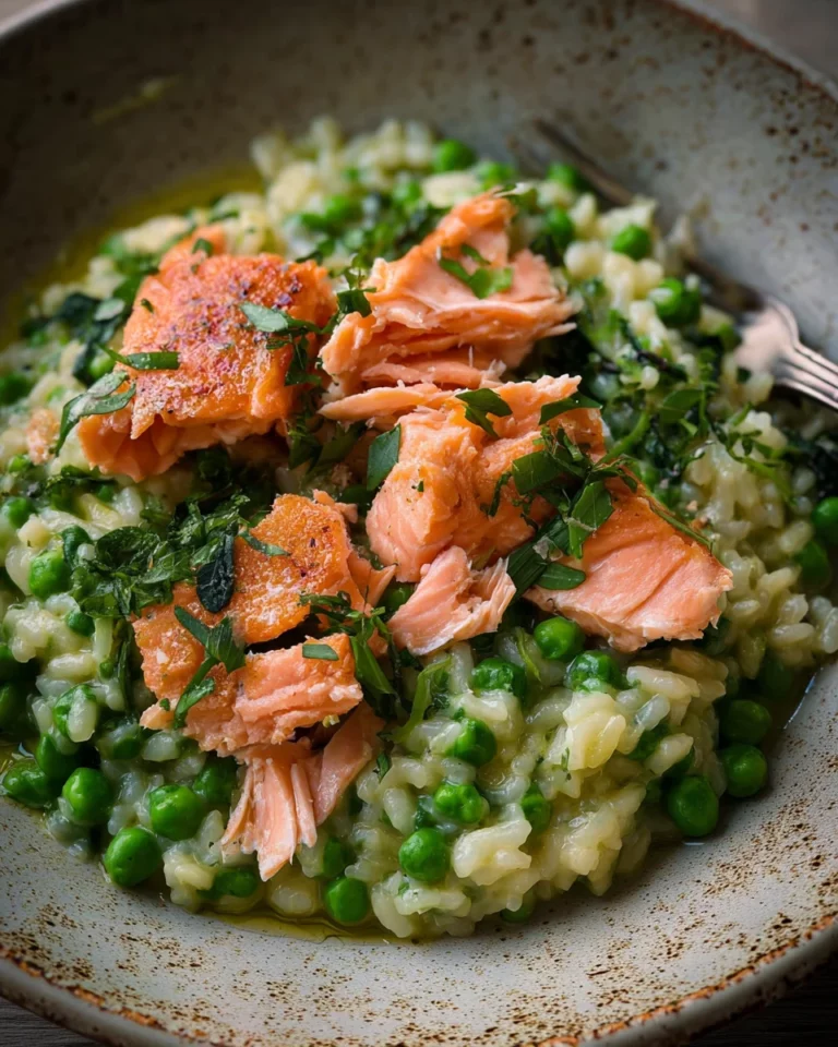 Risotto crémeux aux petits pois, ail des ours et saumon