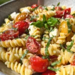 Salade de pâtes, tomates, basilic, parmesan, mozzarella