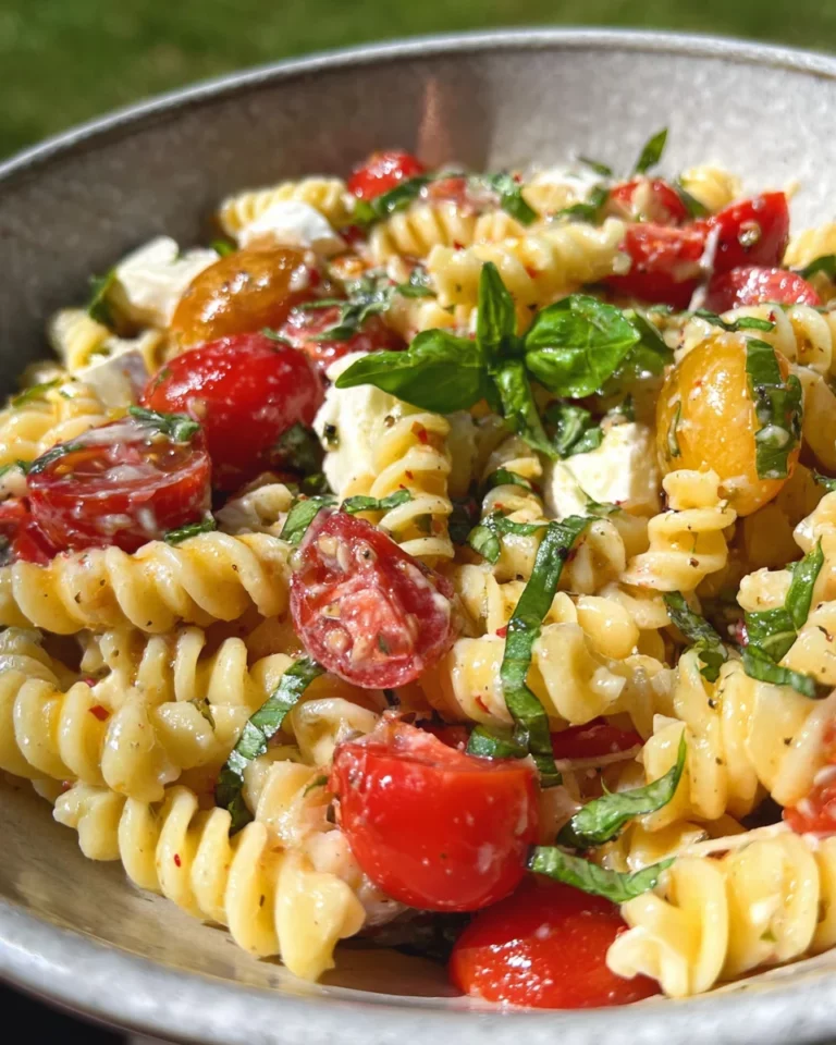 Salade de pâtes, tomates, basilic, parmesan, mozzarella
