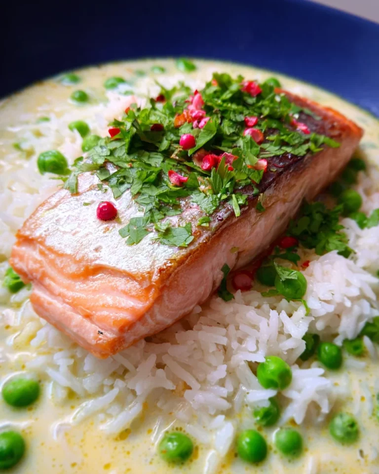 Saumon bouillon thaï et riz aux petits pois