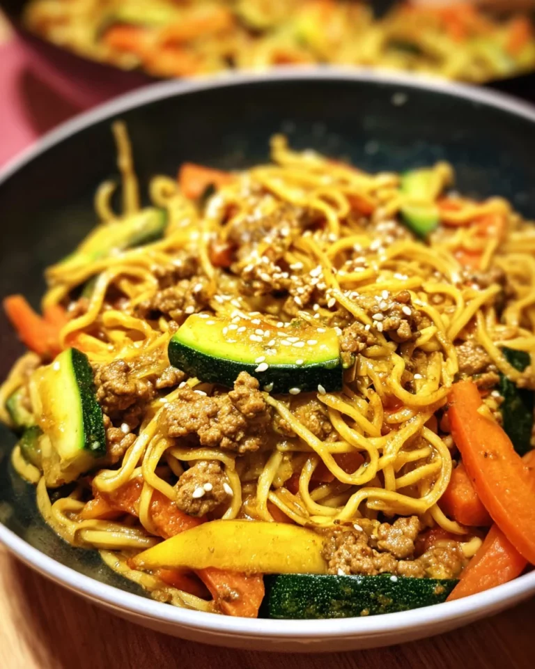 Wok de nouilles à la dinde hachée et légumes